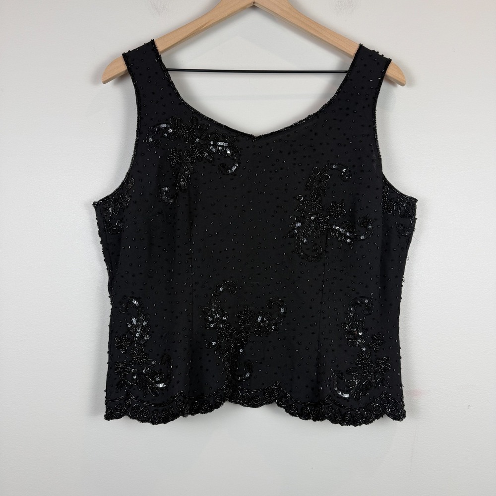 Jkara Top Womens XL Black Beaded Sequin Sleeveless Blouse Formal Evening Fairy